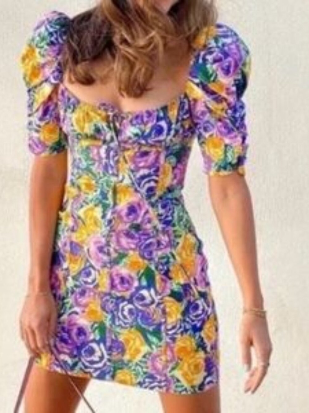 ZARA FLORAL PURPLE YELLOW CORSET STYLE MINI Puff Sleeve DRESS SIZE S Blogger FAV